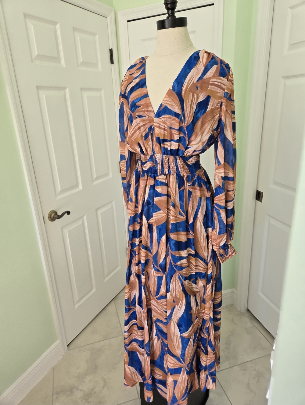 Flying Tomato Long Sleeve Dress in Blue and Brown Leaf Design